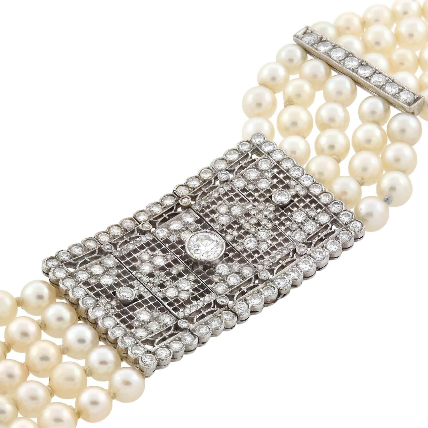 Round Cut Art Deco Platinum 5-Strand Pearl and Diamond Link Bracelet