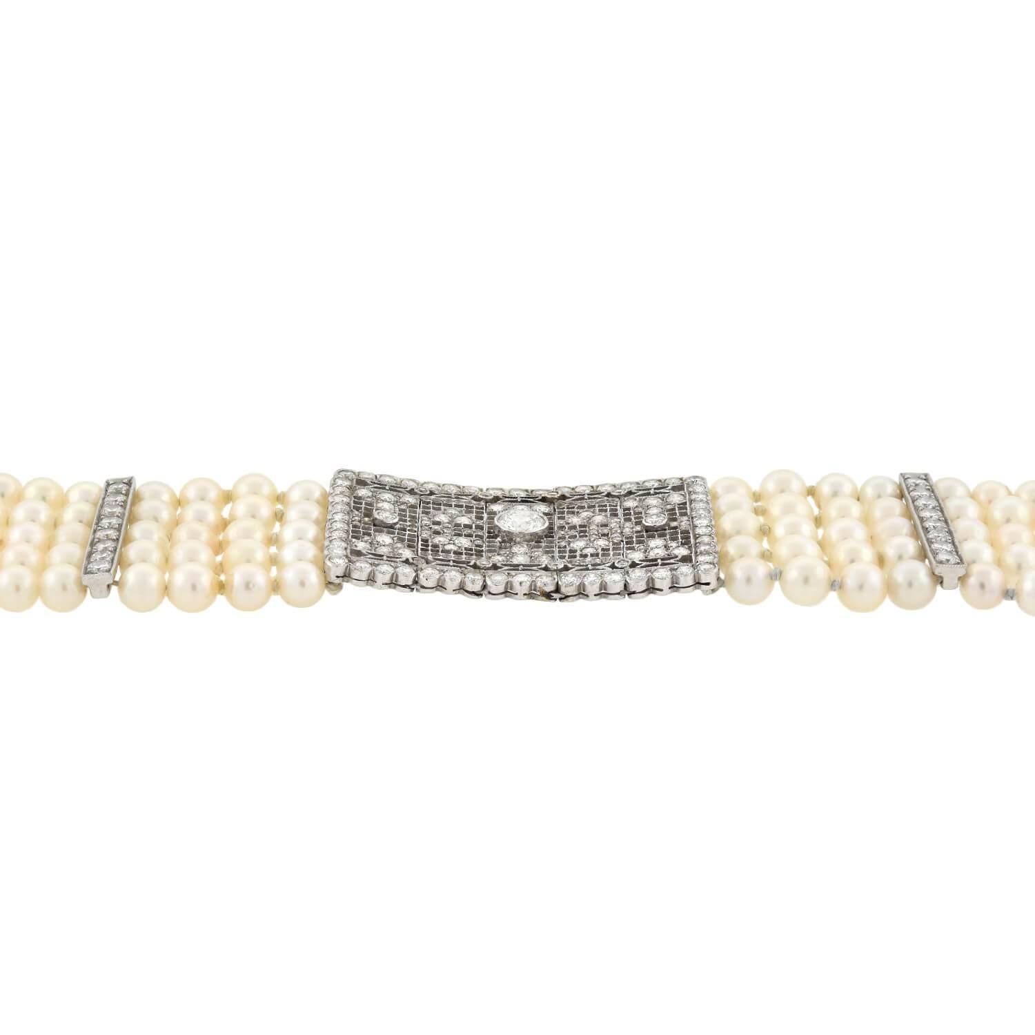 Art Deco Platinum 5-Strand Pearl and Diamond Link Bracelet In Good Condition In Narberth, PA