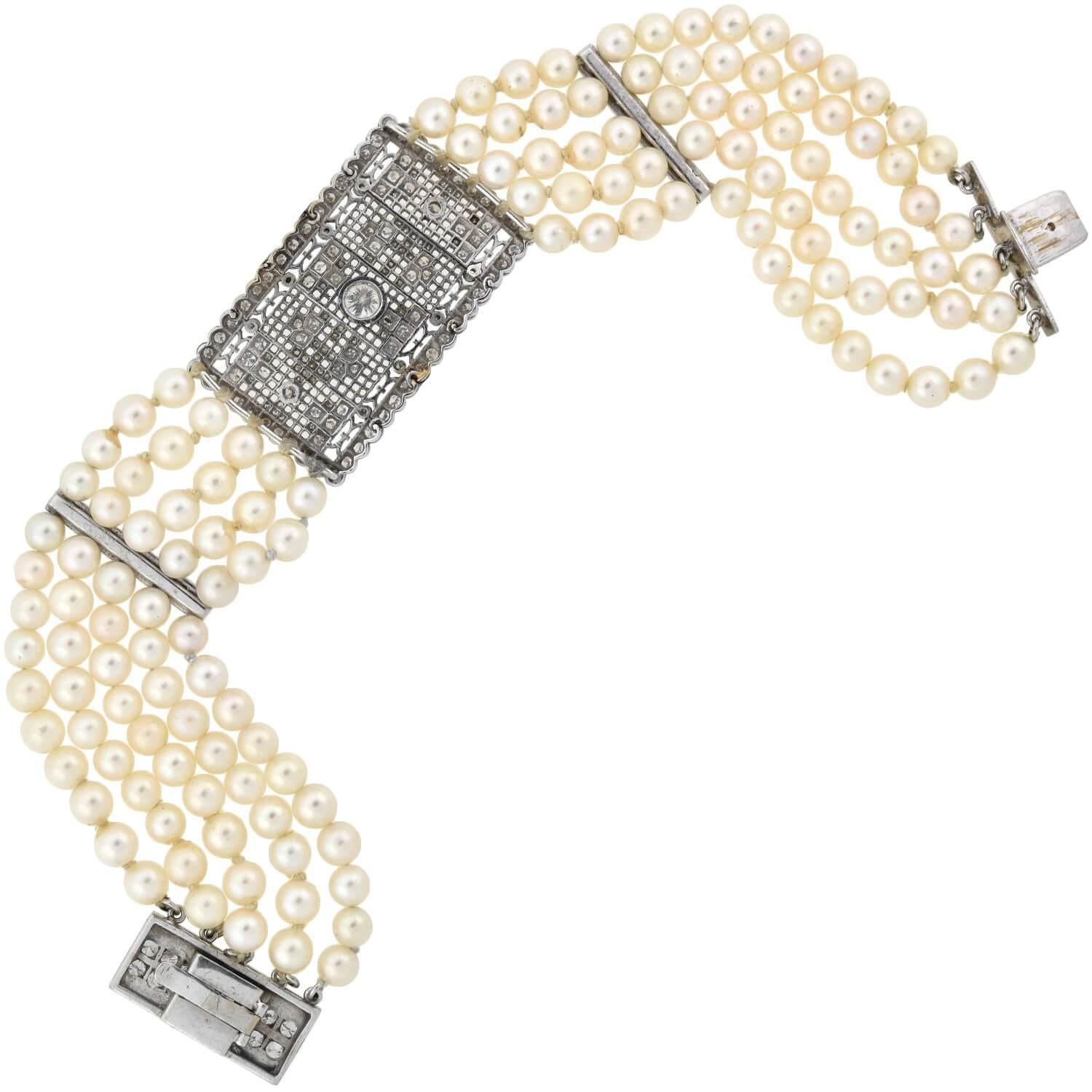 Women's Art Deco Platinum 5-Strand Pearl and Diamond Link Bracelet