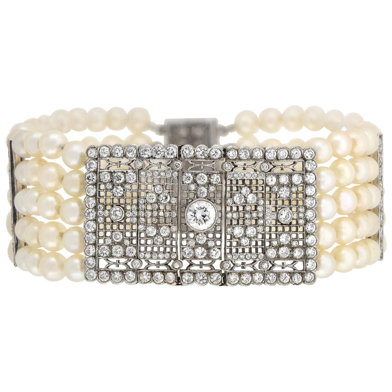Art Deco Platinum 5-Strand Pearl and Diamond Link Bracelet