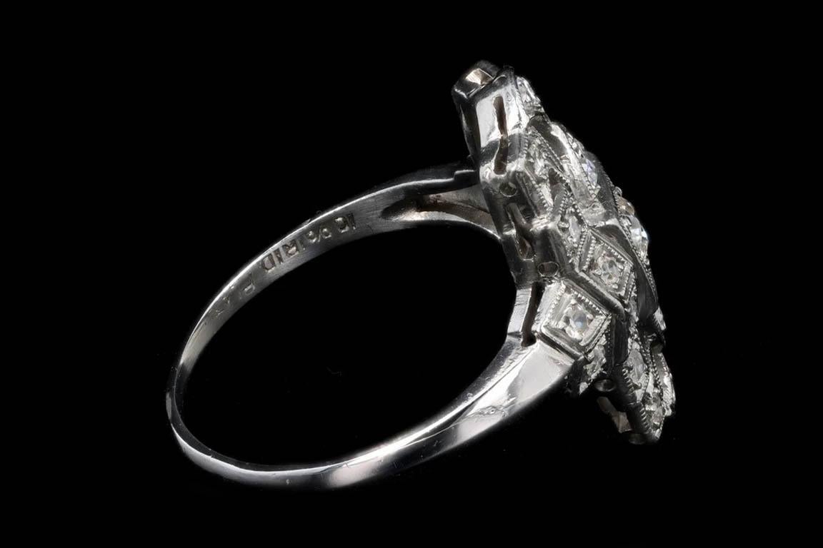 Art Deco Platinum .50 Carat Total Weight Old European Cut Diamond Shield Ring In Good Condition In Cape May, NJ
