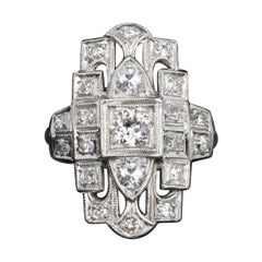 Art Deco Platinum .50 Carat Total Weight Old European Cut Diamond Shield Ring