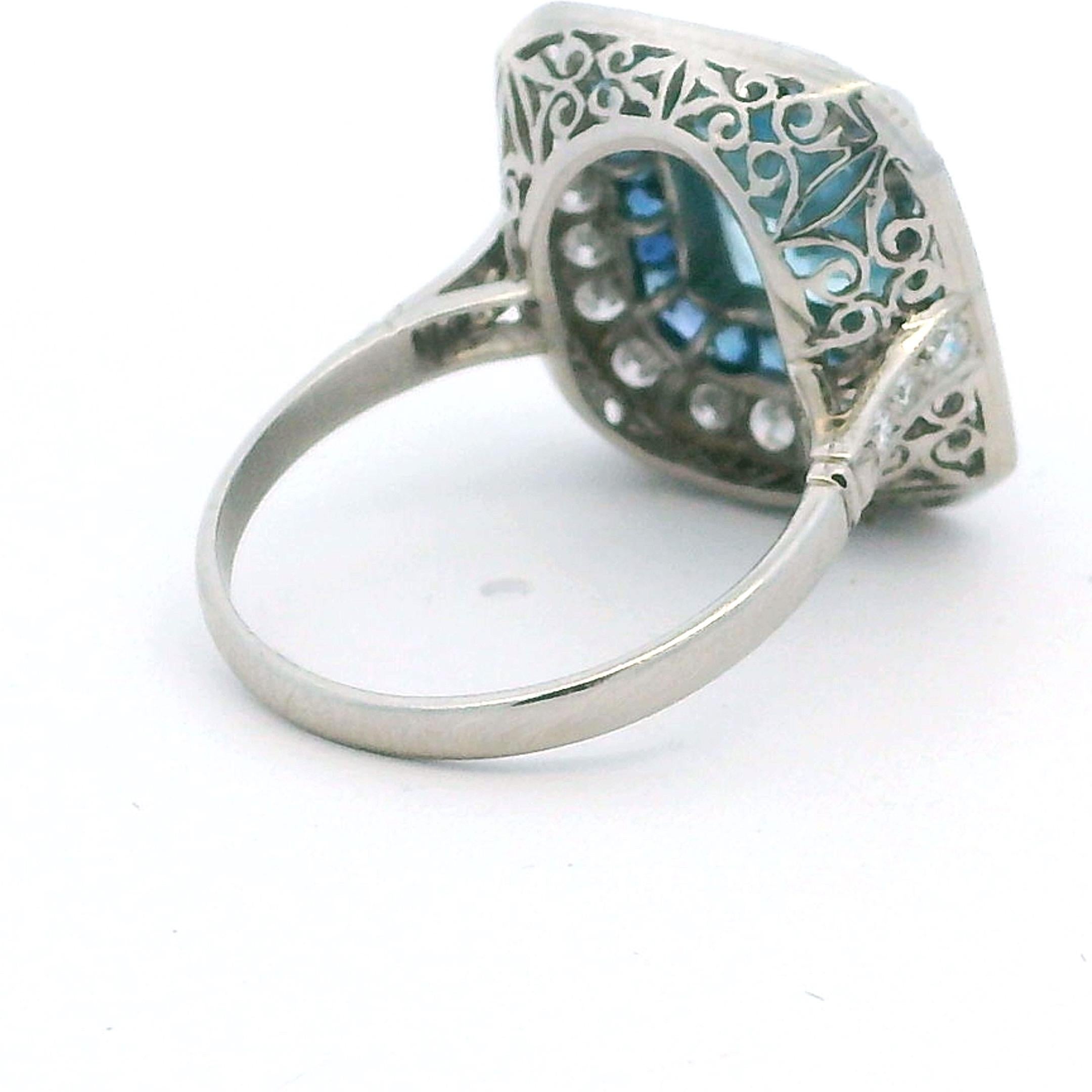Bague art déco en platine 5.00 ct aigue-marine, diamant et saphir taille calibre Pour femmes en vente