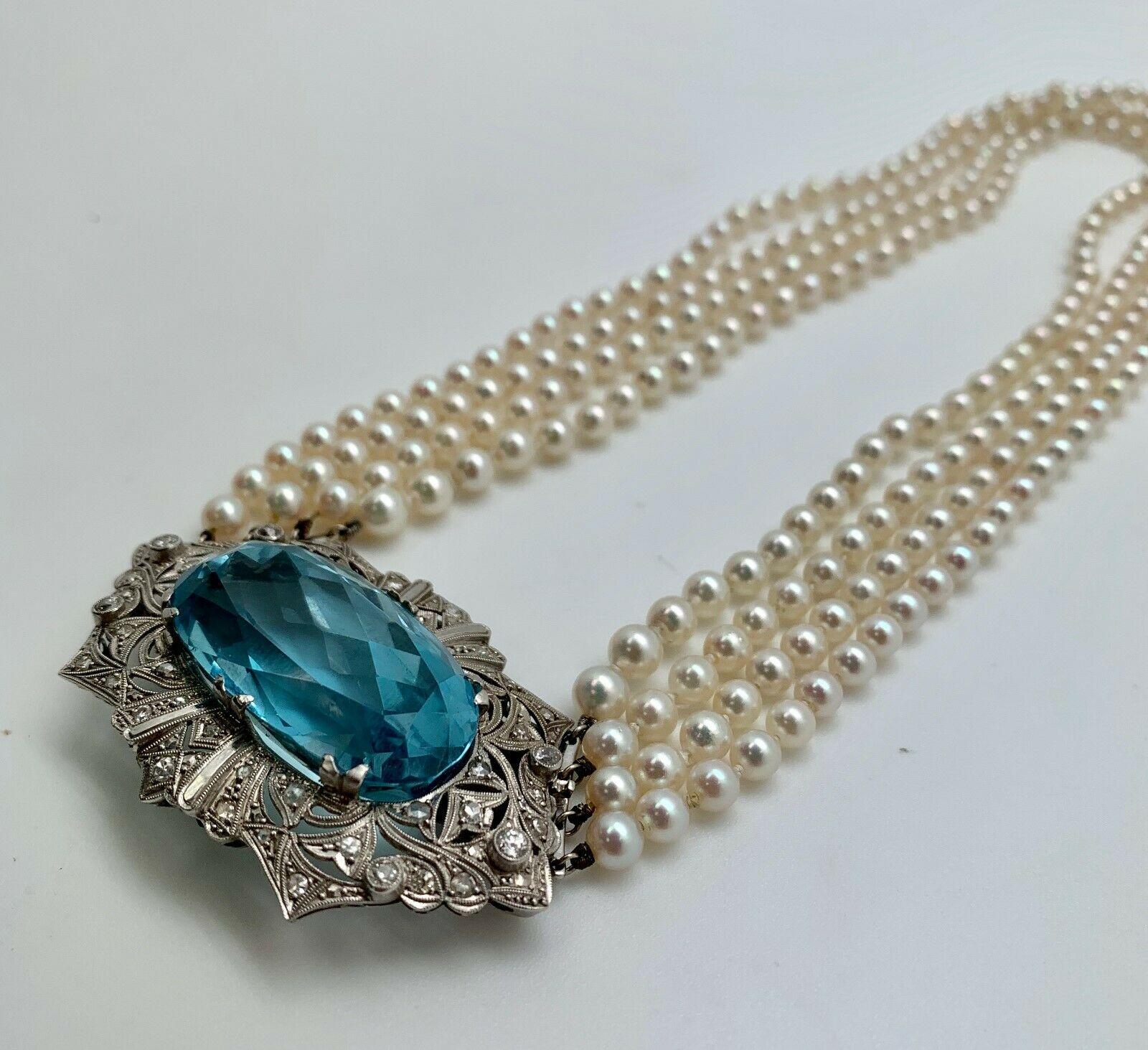 Oval Cut Art Deco Platinum Diamond Pearl Aquamarine Choker Necklace Brooch For Sale