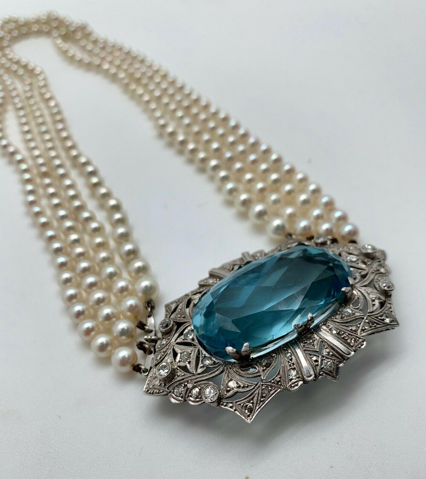 Art Deco Platinum Diamond Pearl Aquamarine Choker Necklace Brooch In Excellent Condition For Sale In Houston, TX