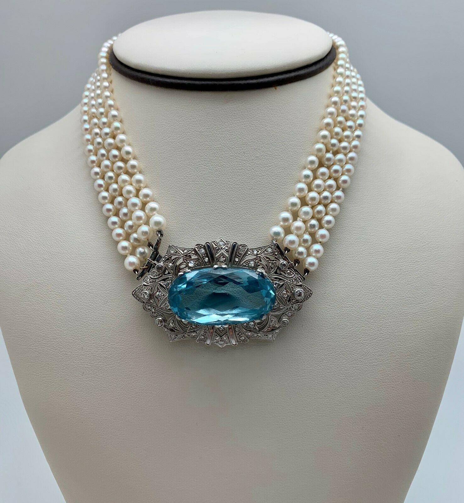 Women's or Men's Art Deco Platinum Diamond Pearl Aquamarine Choker Necklace Brooch For Sale