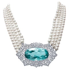 Art Deco Platinum Diamond Pearl Aquamarine Choker Necklace Brooch