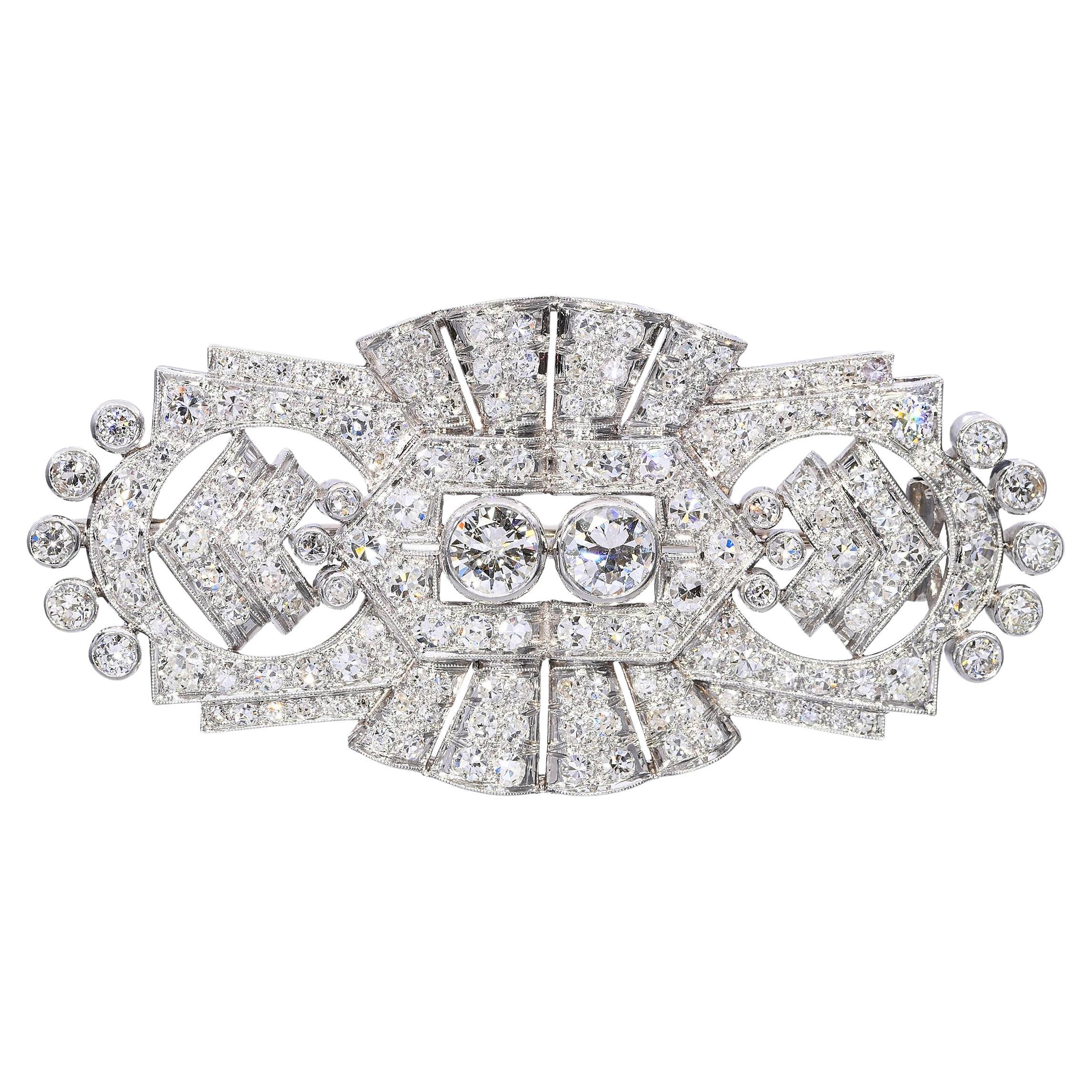 Art Deco Platinum 5.38ctw Old European and Single Cut Diamond Brooch