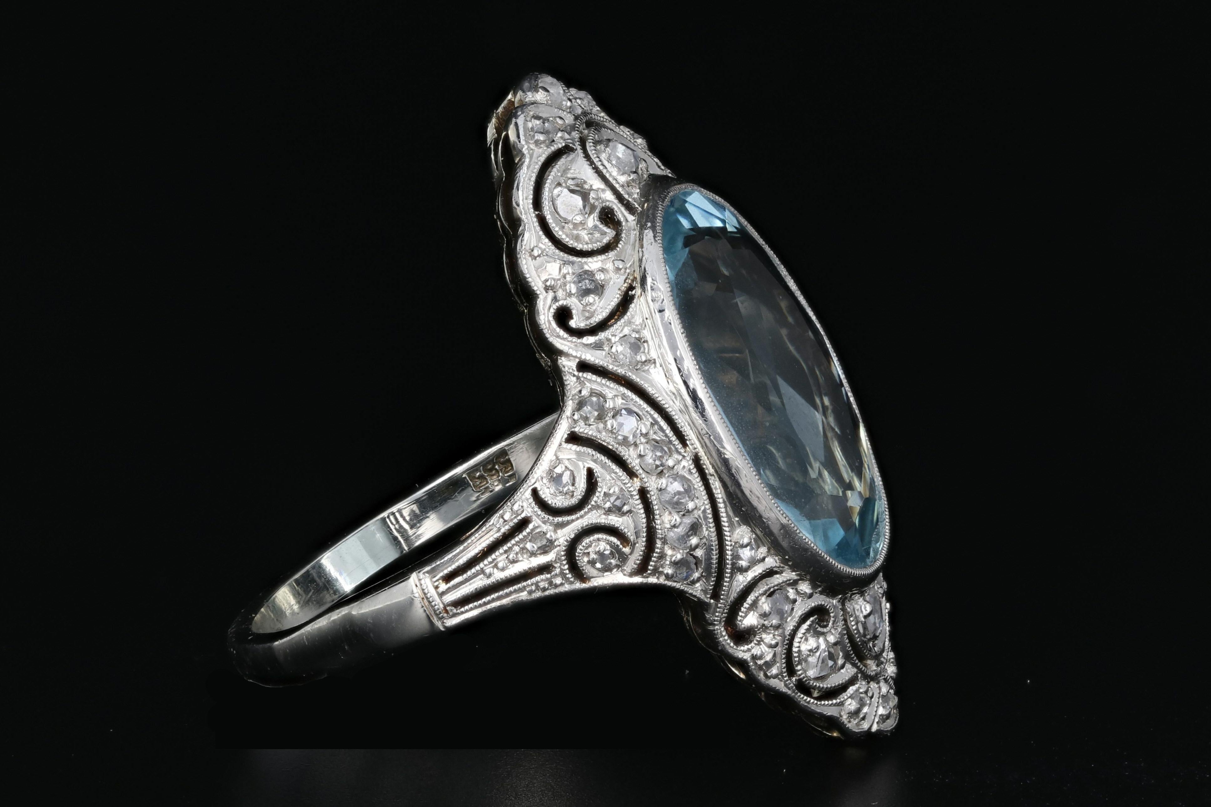 Art Deco Platinum 5.6 Carat Aquamarine and Single Cut Diamond Ring In Excellent Condition In Cape May, NJ