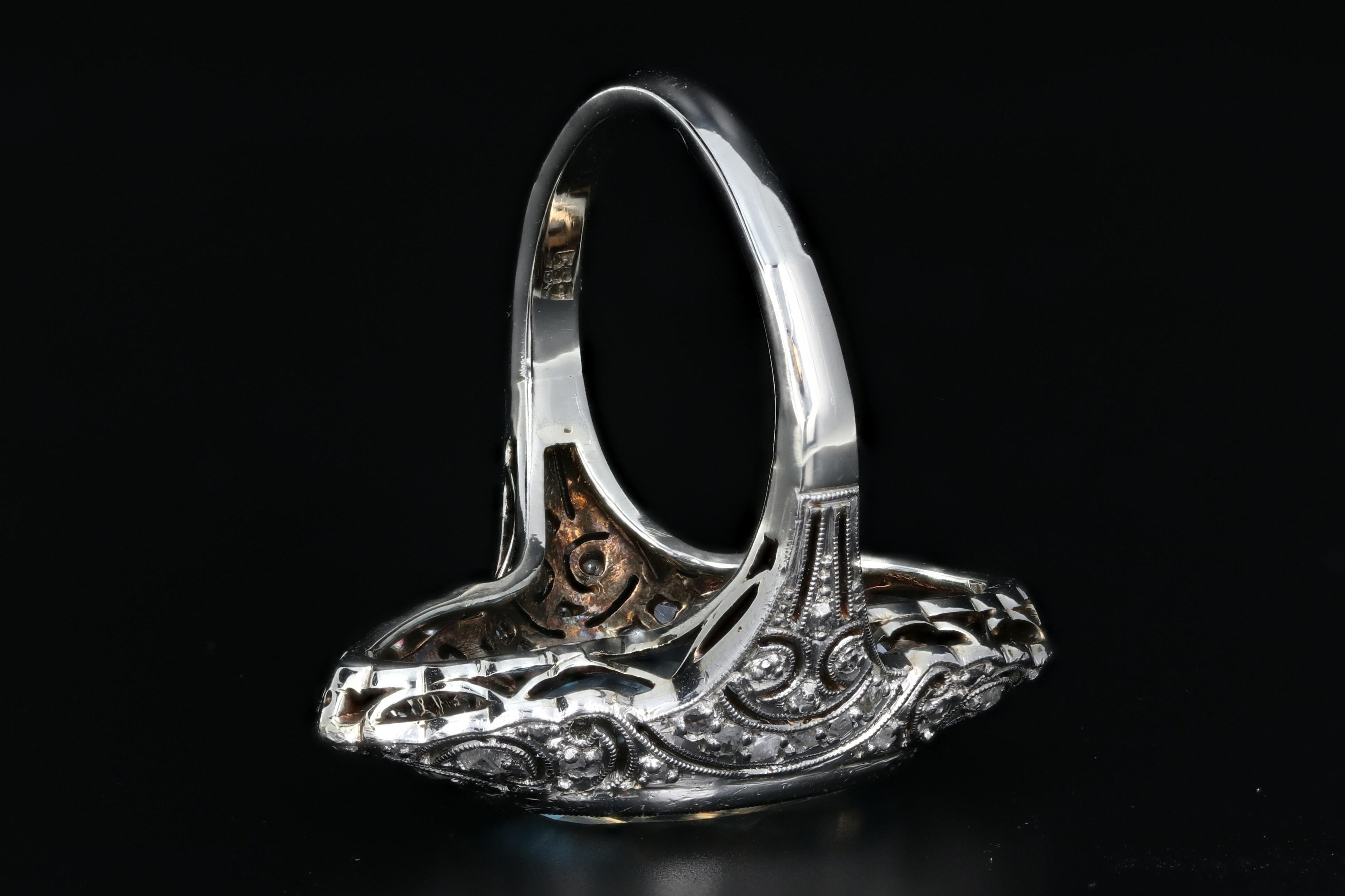 Art Deco Platinum 5.6 Carat Aquamarine and Single Cut Diamond Ring 2
