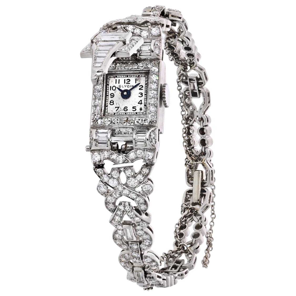 Montre-bracelet Glycine Art déco en platine avec 6,50 carats de diamants en vente