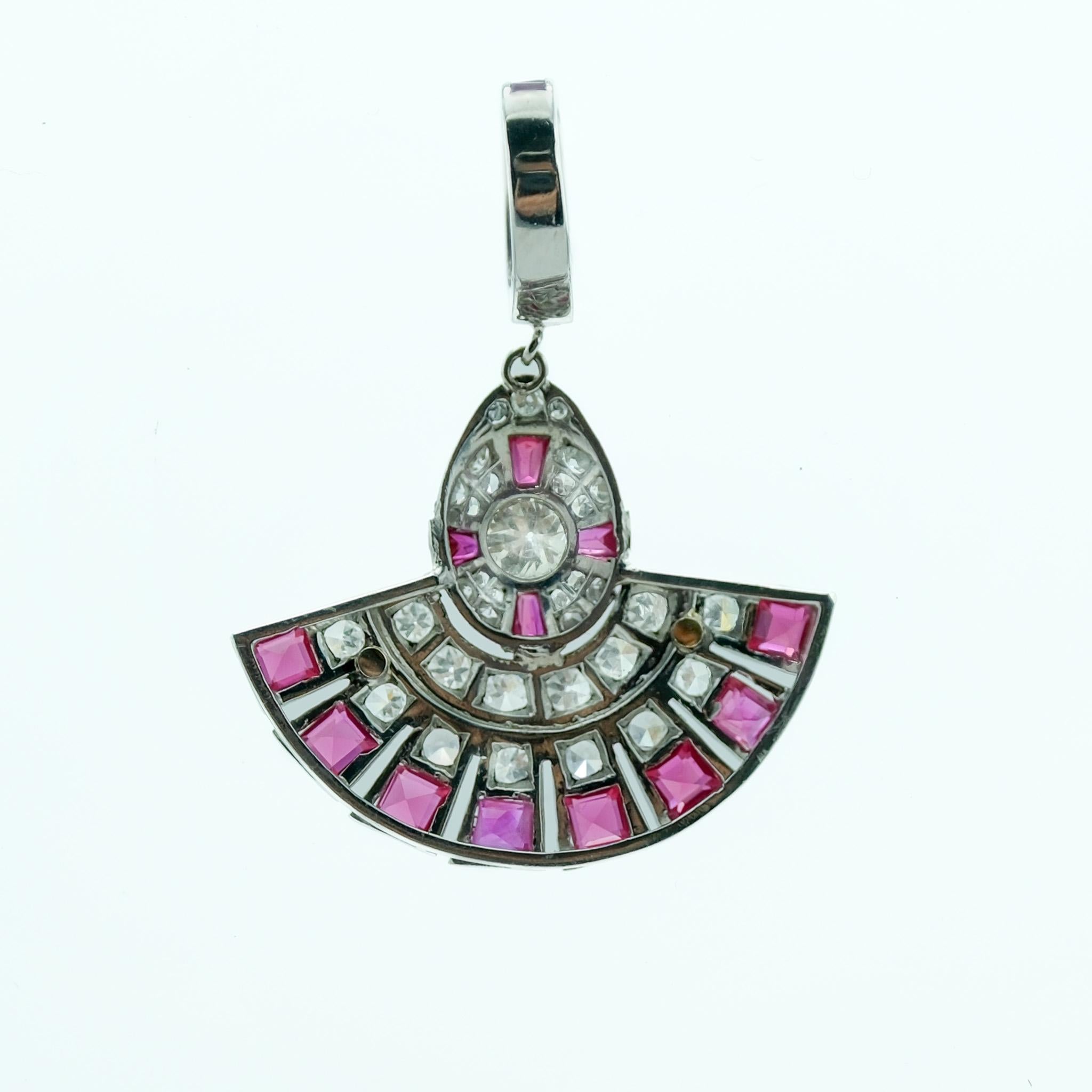 Art Deco Platinum .65ctw Diamond and 1.15ctw Natural Ruby Fan Pendant In Good Condition In Fairfield, CT