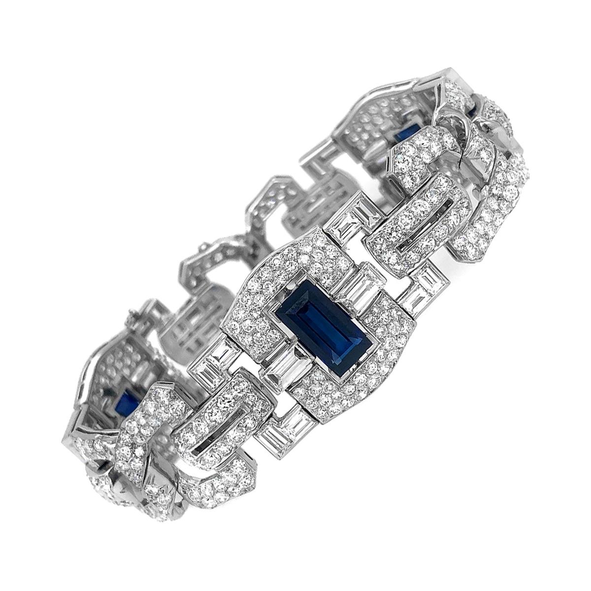 Art Deco Platinum 8 Carat Sapphire 25 Carat Diamond Bracelet For Sale