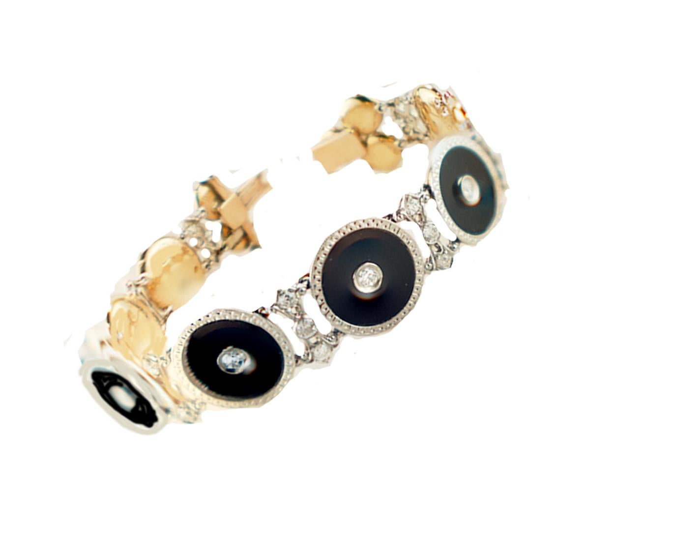 Art Deco Style Platinum 18 Karat European Diamond Black Onyx Bracelet 1.50 Carat 1