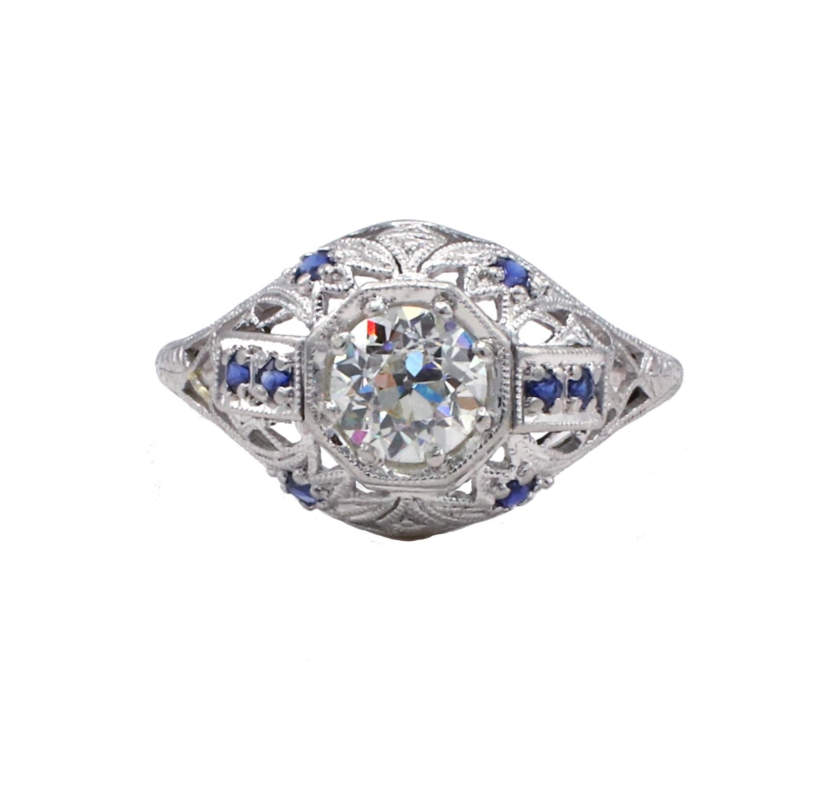 Art Deco Platinum .81 Carat Old European Cut Natural Diamond & Sapphire Engagement Ring 
Diamond: EGL certified .81 carat old European cut I VS2 natural diamond 
EGL Report Number: US 85395706D
Metal: Platinum
Weight: 3.87 grams
Size: 7.75