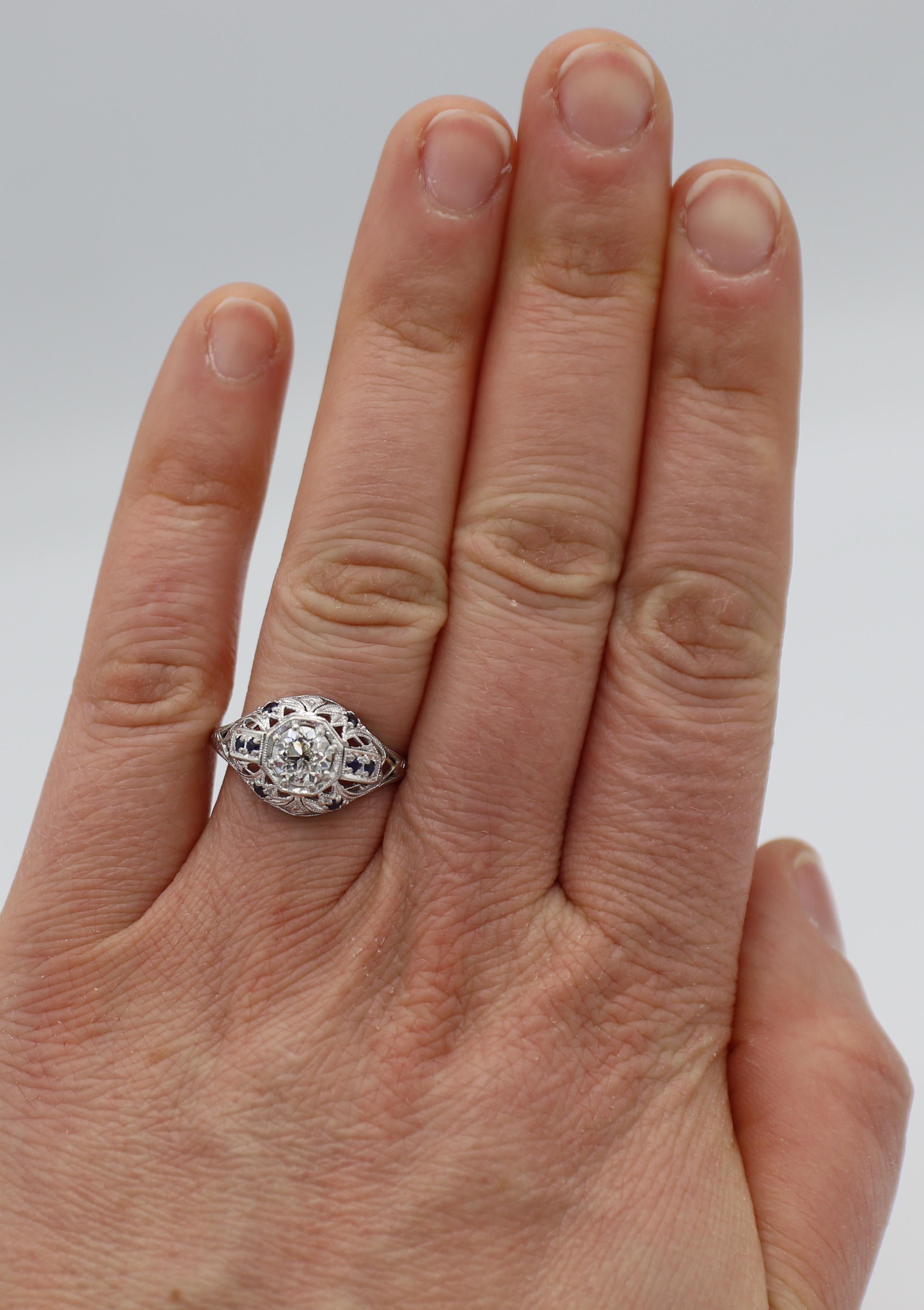 Art Deco Platinum .81 Carat Old European Cut Diamond & Sapphire Engagement Ring  In Excellent Condition In  Baltimore, MD