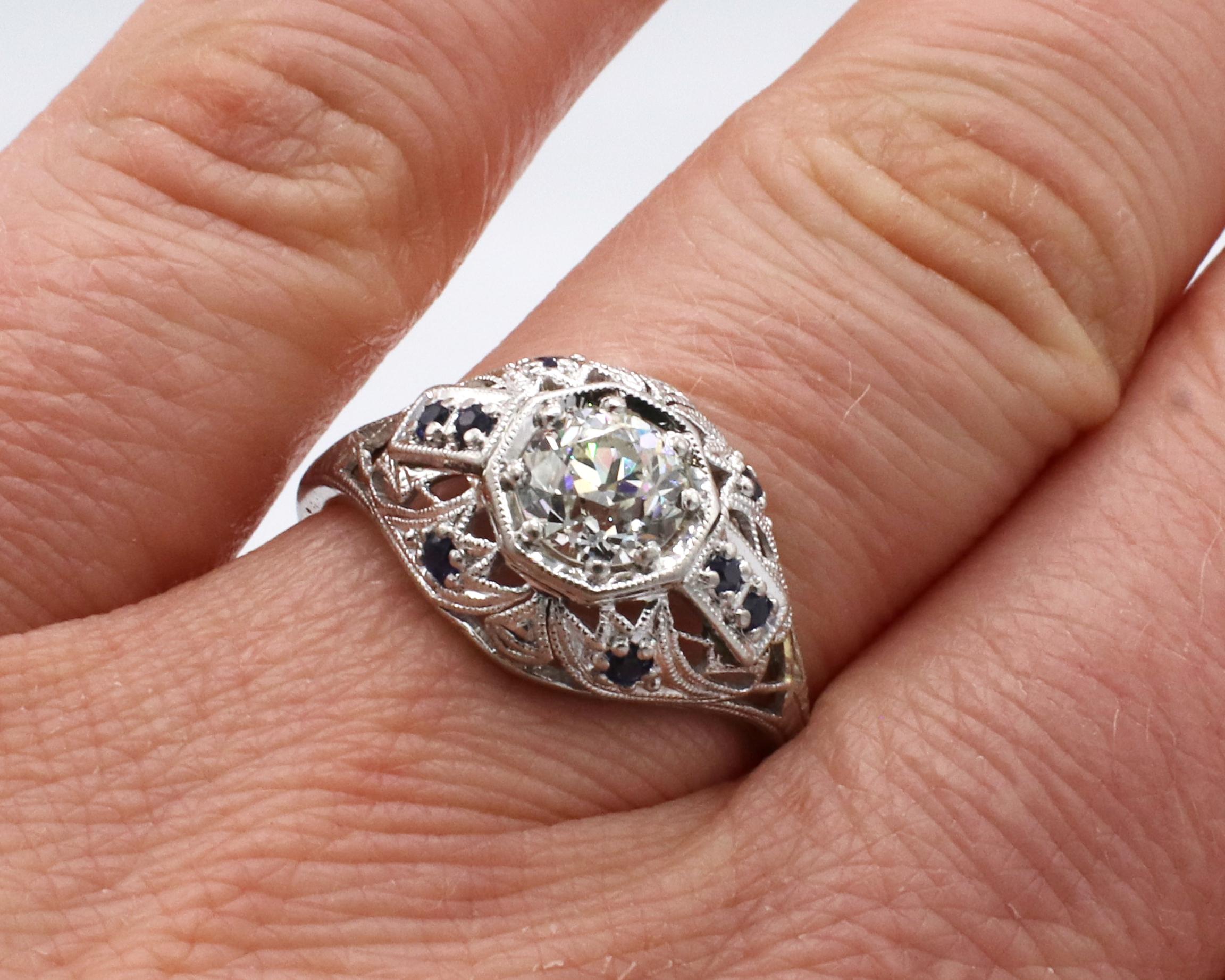 Women's Art Deco Platinum .81 Carat Old European Cut Diamond & Sapphire Engagement Ring 