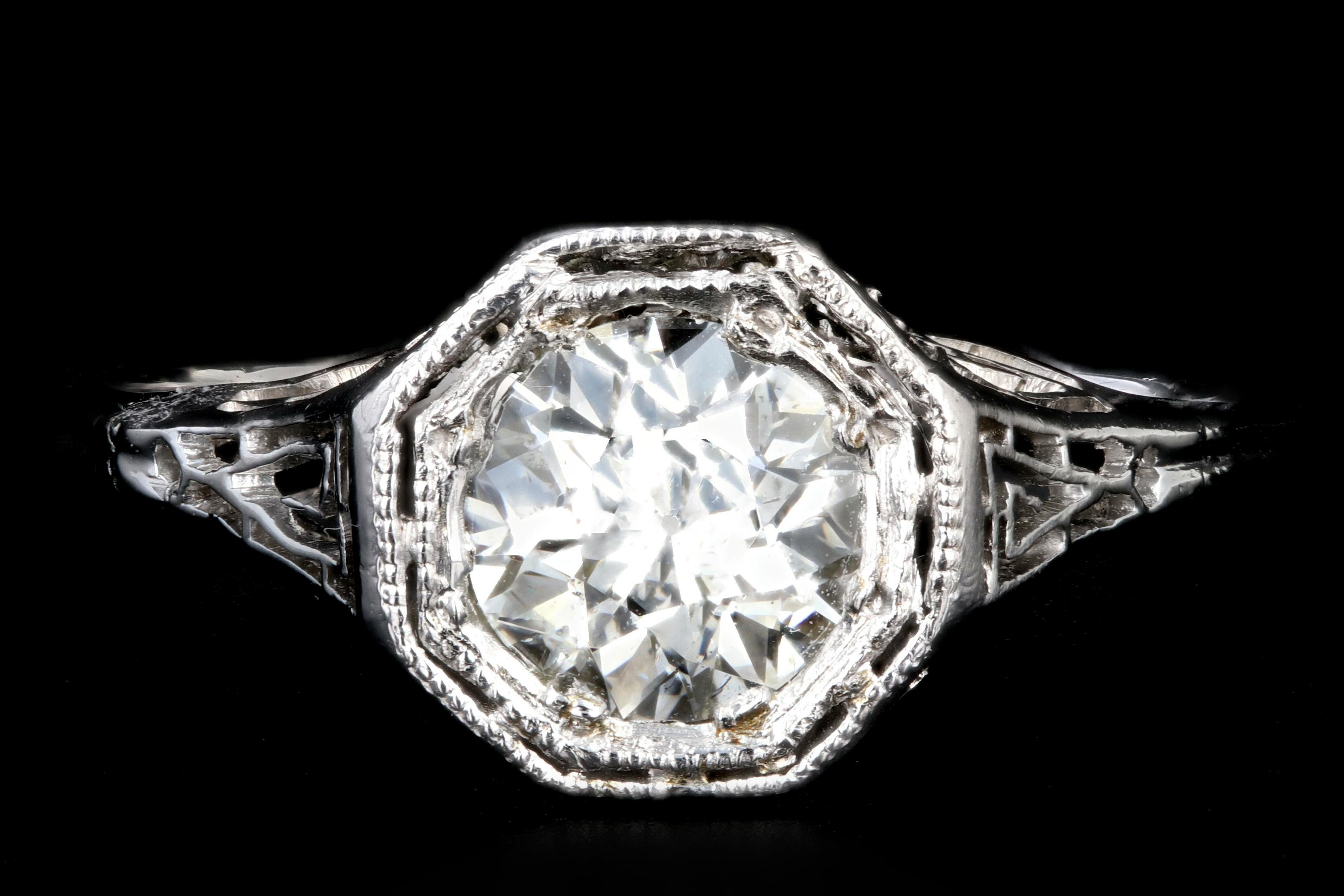 Era: Art Deco

Composition: Platinum

Primary Stone:Old European Cut Diamond

Carat Weight: Approximately .85 Carats

Color: K

Clarity: SI2

Ring Weight: 1.2 DWT

Ring Size: 6.75