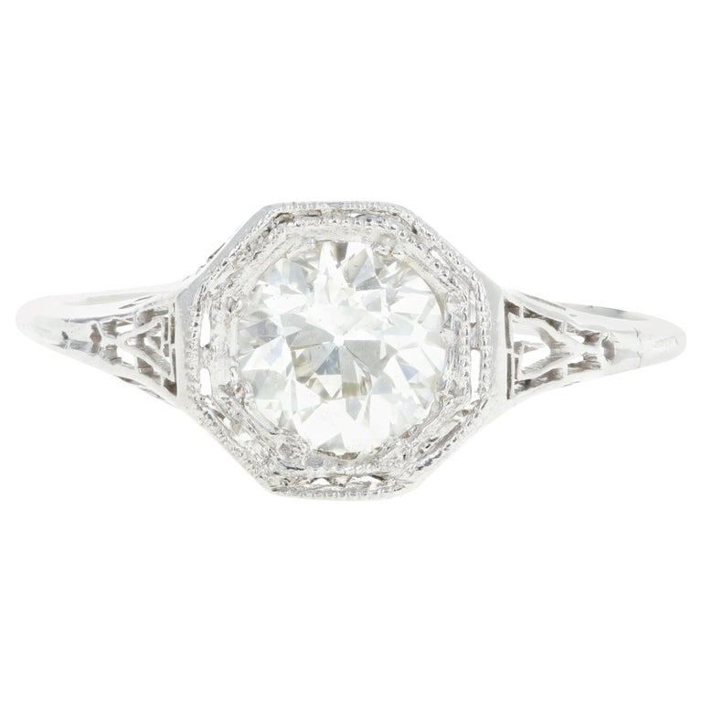 Art Deco Platinum .85 Carat Old European Cut Diamond Engagement Ring at ...