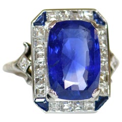 Art Deco Platinum 8.52 Carat No Heat Ceylon Sapphire Diamond Ring