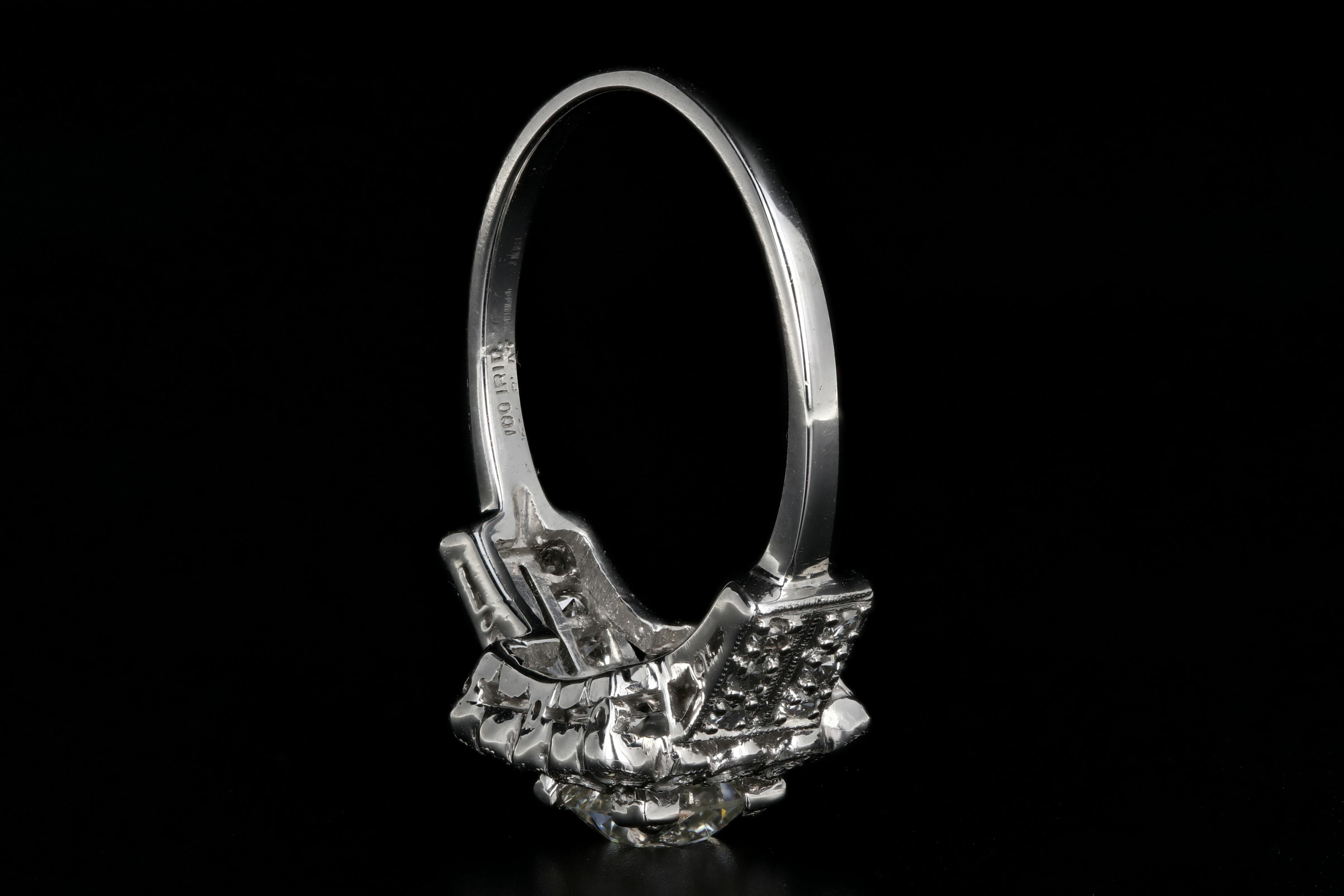 Women's Art Deco Platinum .89 Carat Old European Cut Diamond Engagement Ring For Sale