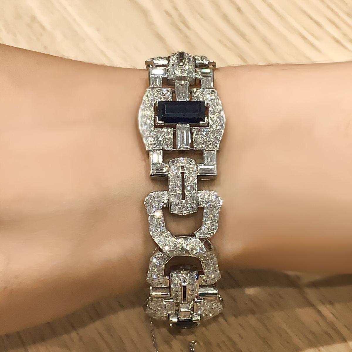 Art Deco Platinum 8CT Sapphire 25CT Diamond Bracelet 

Metal: Platinum
Style: Art Deco
Condition: Excellent
Gemstone: Sapphire, Diamond
Sapphire Weight: 8 CT
Diamond Weight: 25 CT
Total Item Weight: 63 grams
Length: 7.28 inch

SKU#B-01903