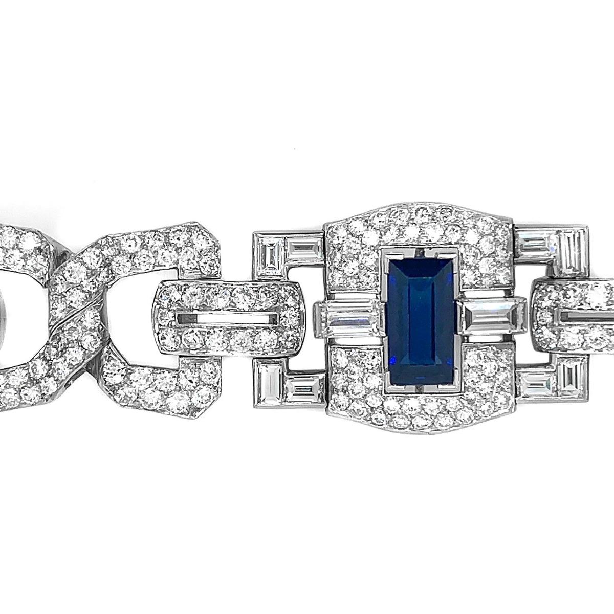 Women's Art Deco Platinum 8 Carat Sapphire 25 Carat Diamond Bracelet For Sale