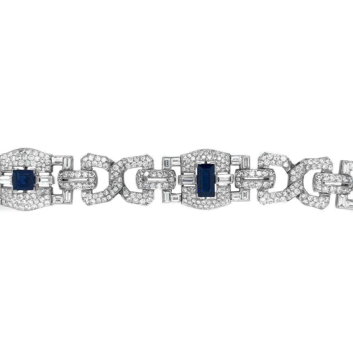 Art Deco Platinum 8 Carat Sapphire 25 Carat Diamond Bracelet For Sale 1