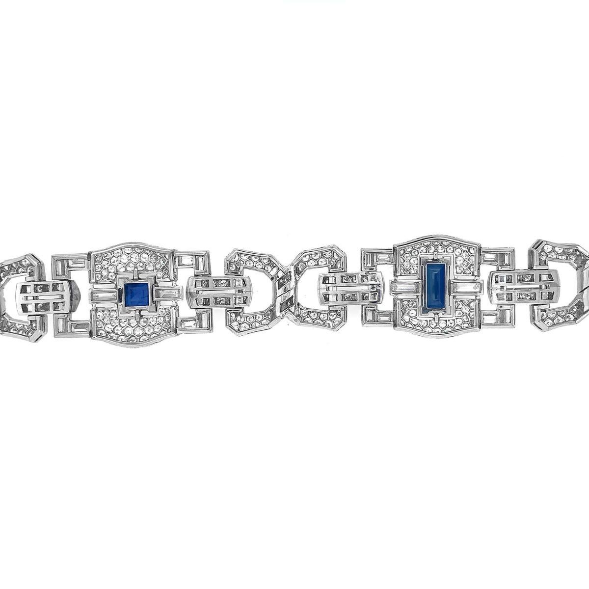 Art Deco Platinum 8 Carat Sapphire 25 Carat Diamond Bracelet For Sale 2