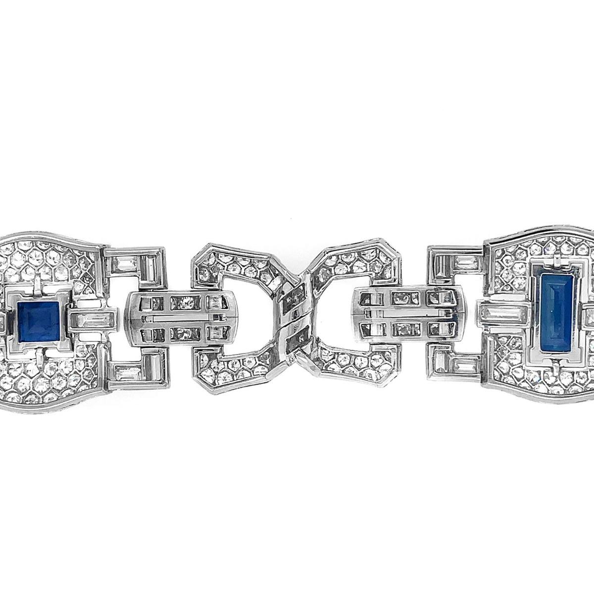 Art Deco Platinum 8 Carat Sapphire 25 Carat Diamond Bracelet For Sale 3