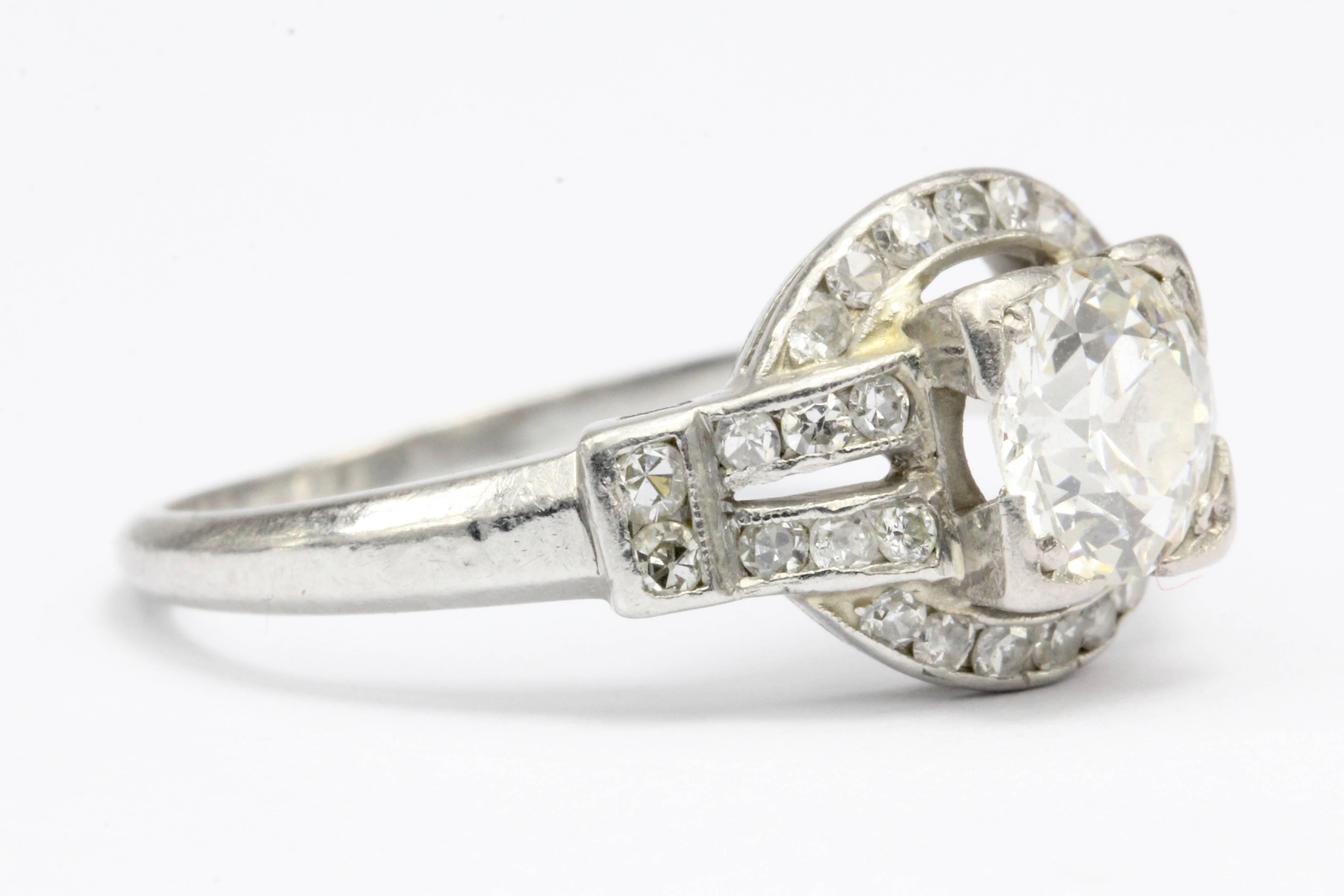 Art Deco Platinum .90 Carat Old European Cut Diamond Engagement Ring In Excellent Condition For Sale In Cape May, NJ