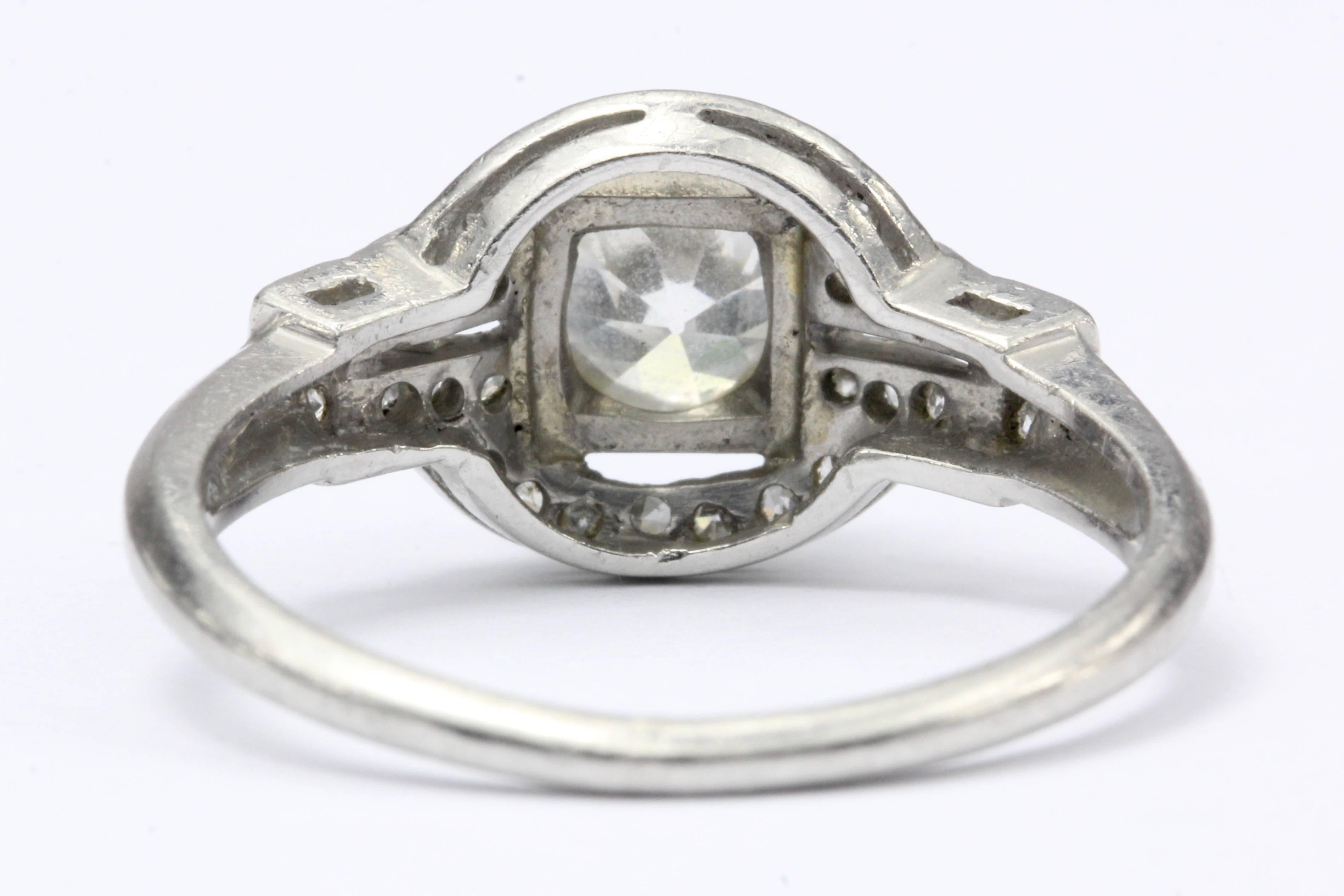 Women's Art Deco Platinum .90 Carat Old European Cut Diamond Engagement Ring For Sale