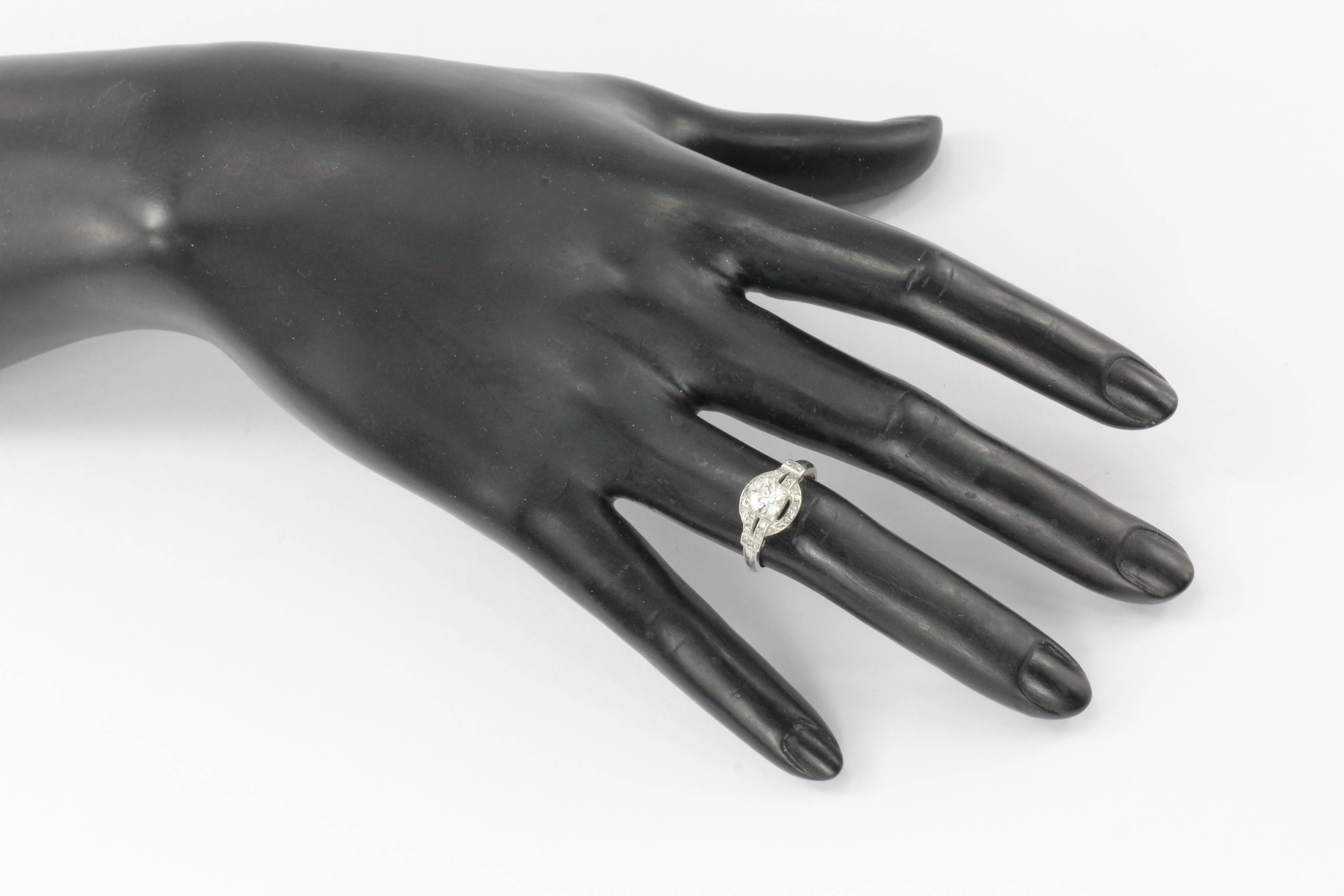 Art Deco Platinum .90 Carat Old European Cut Diamond Engagement Ring For Sale 4