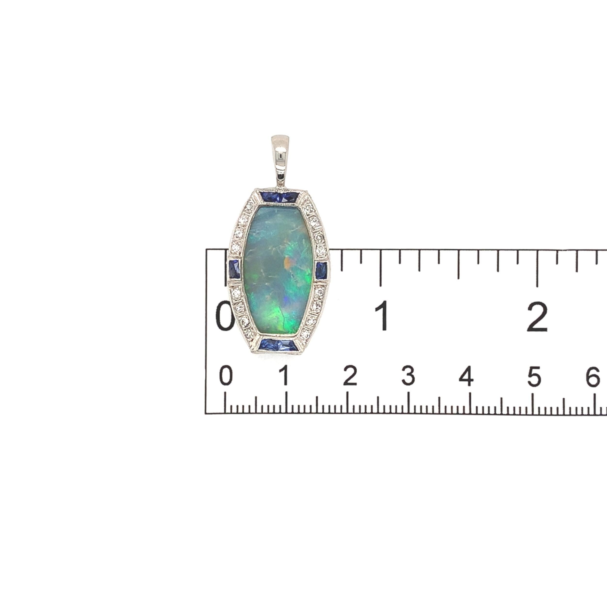 Pendentif Art Déco en platine 9,24 carats en opale avec diamants et saphirs synthétiques en vente 7