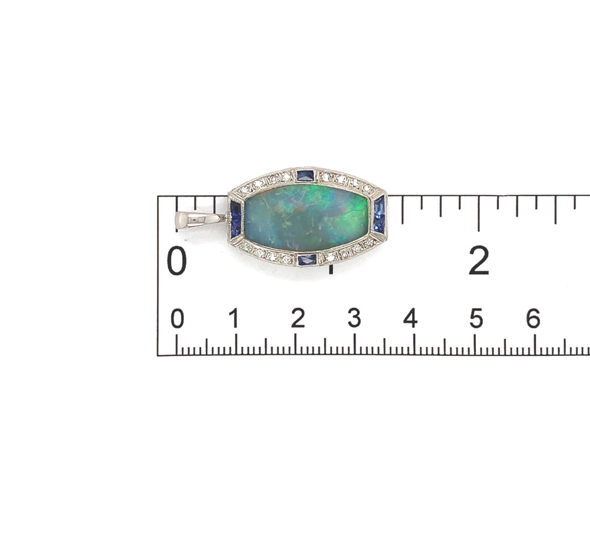 Pendentif Art Déco en platine 9,24 carats en opale avec diamants et saphirs synthétiques en vente 8