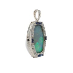 Art Deco Platinum 9.24 carat Opal Pendant with Diamonds and Synthetic Sapphires