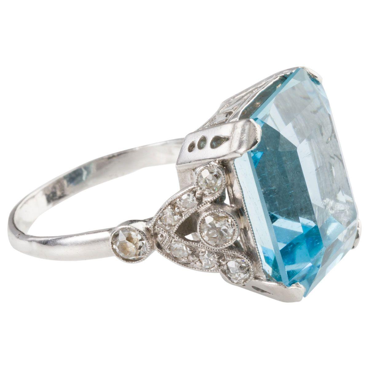 Emerald Cut Art Deco Platinum and 10.60 Carat Natural Aquamarine and Diamond Dress Ring