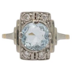 Art Deco platinum and 14k gold ring with aquamarine and diamonds, 1930s.