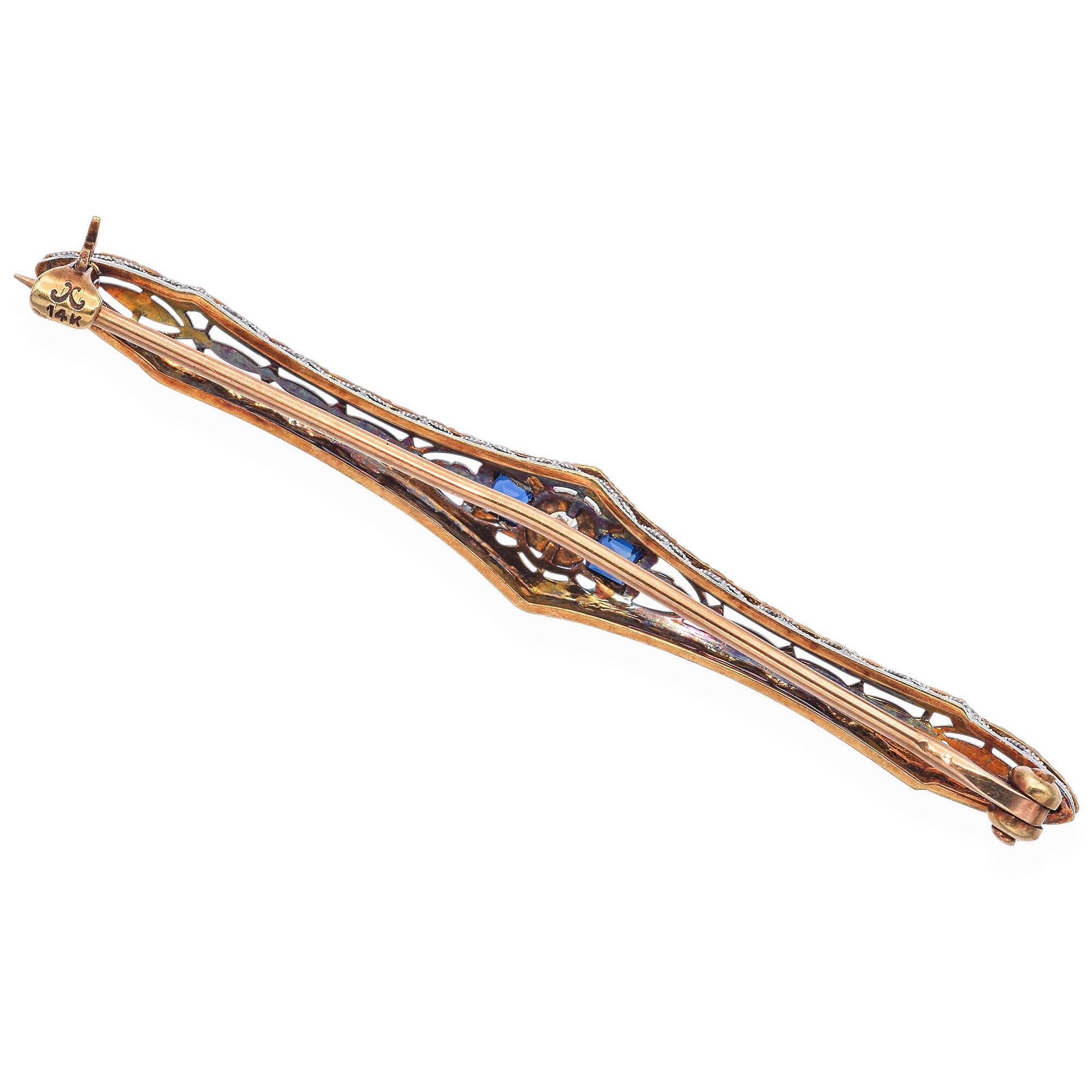 Princess Cut Art Deco Platinum and 14k Gold Sapphire and Diamond Bar Brooch For Sale