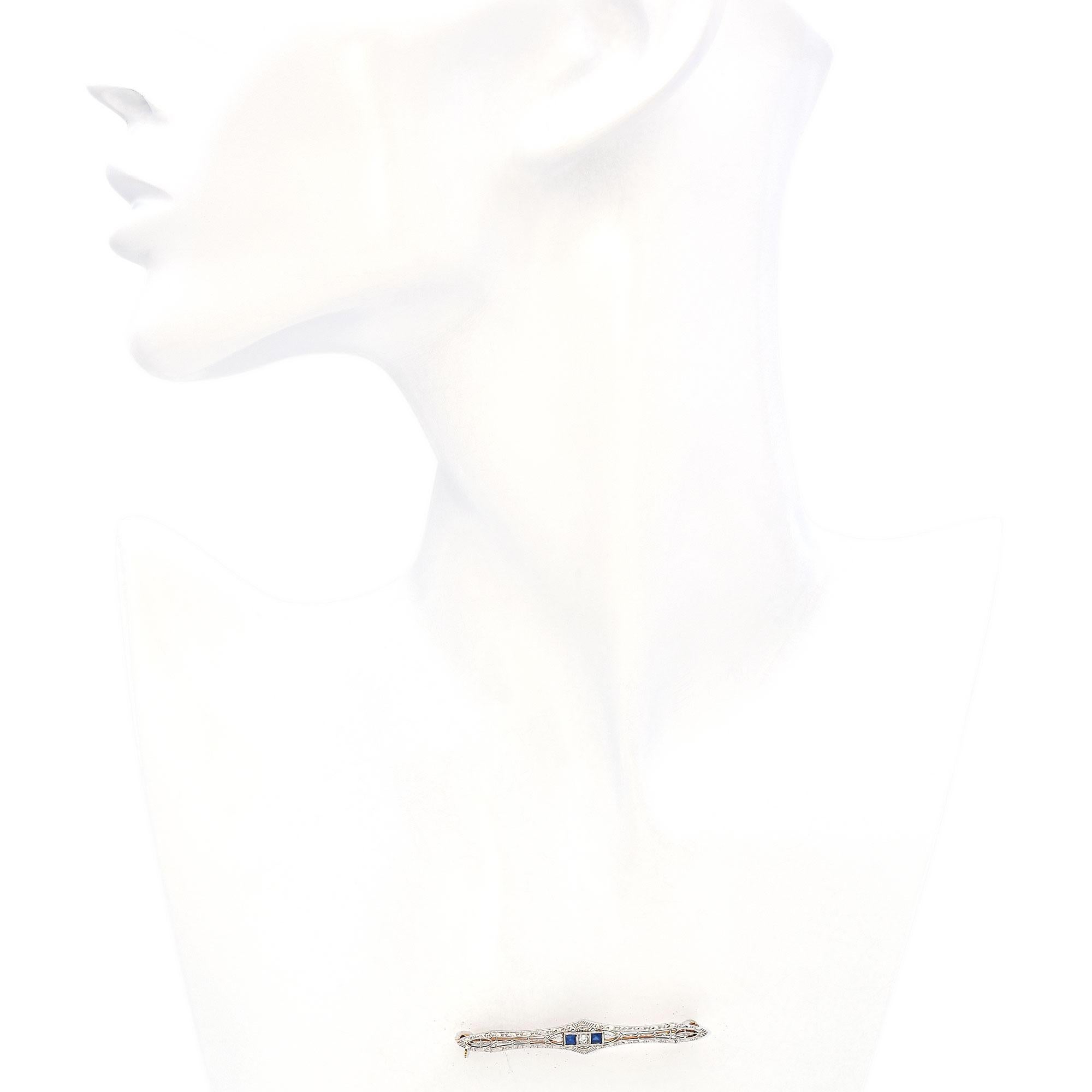 Women's Art Deco Platinum and 14k Gold Sapphire and Diamond Bar Brooch For Sale