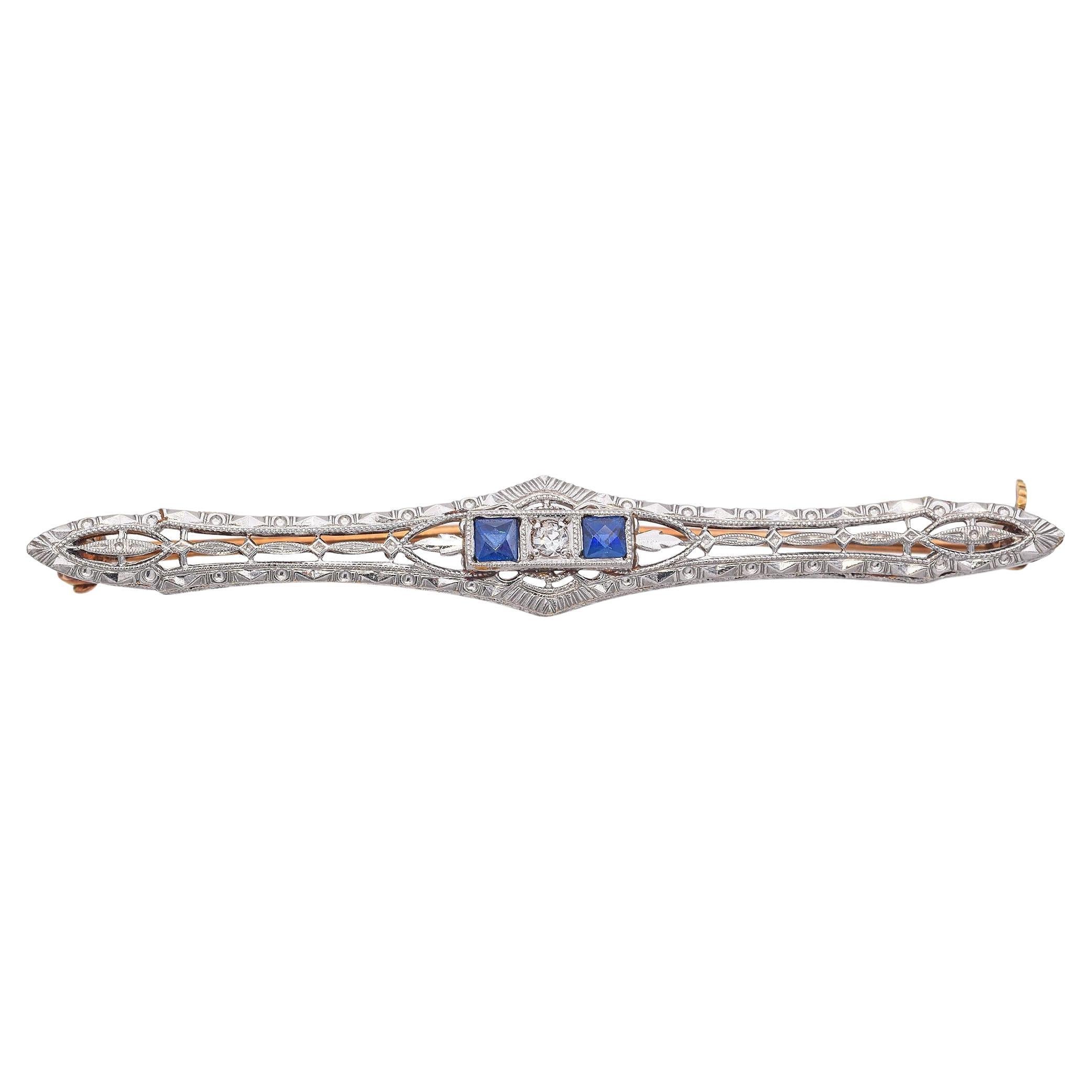 Art Deco Platinum and 14k Gold Sapphire and Diamond Bar Brooch For Sale