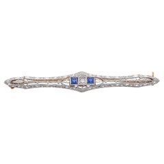 Art Deco Platinum and 14k Gold Sapphire and Diamond Bar Brooch