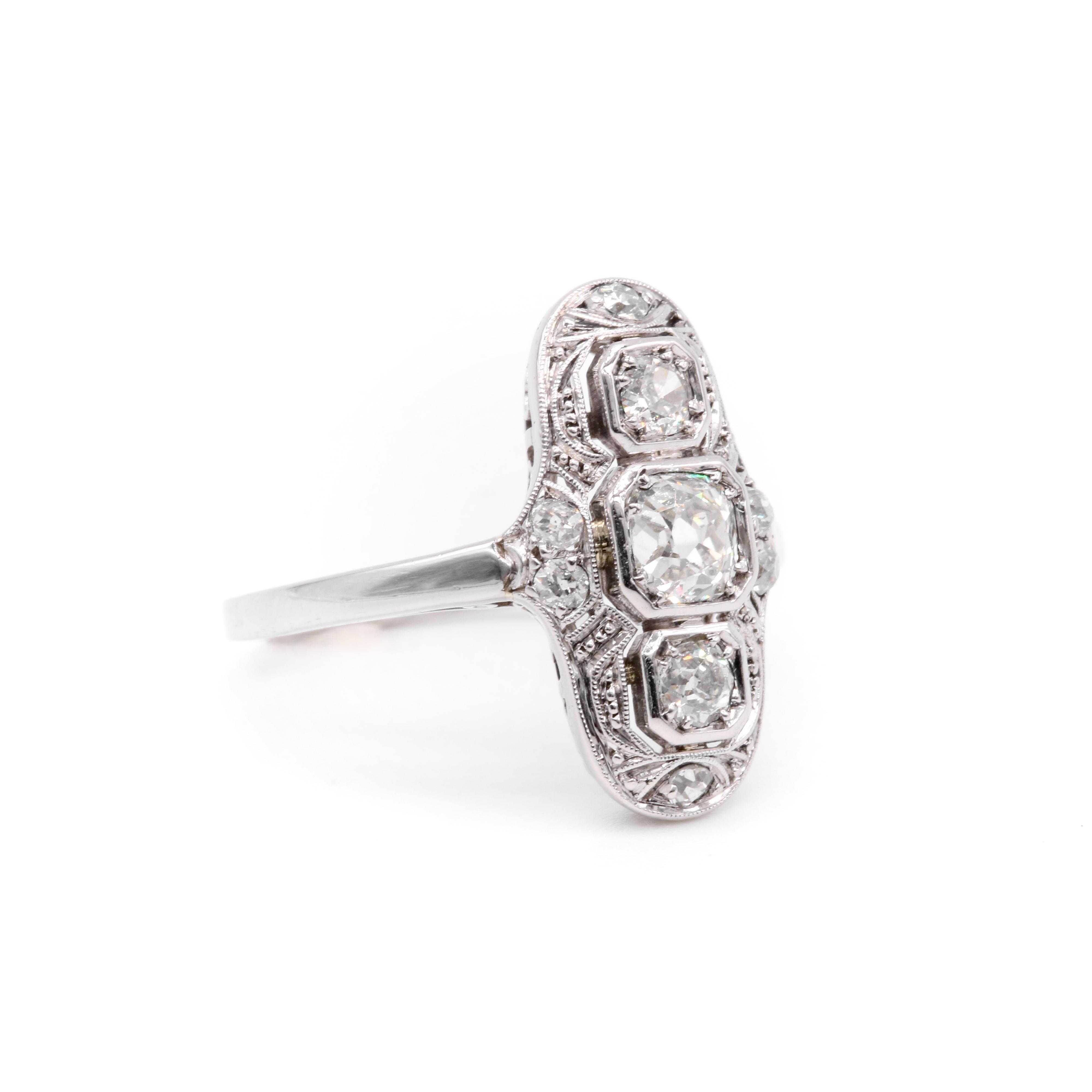 Women's or Men's Art Deco Platinum and 14K White Gold 0.85ctw Old Cut Diamond Trilogy Panel Ring For Sale