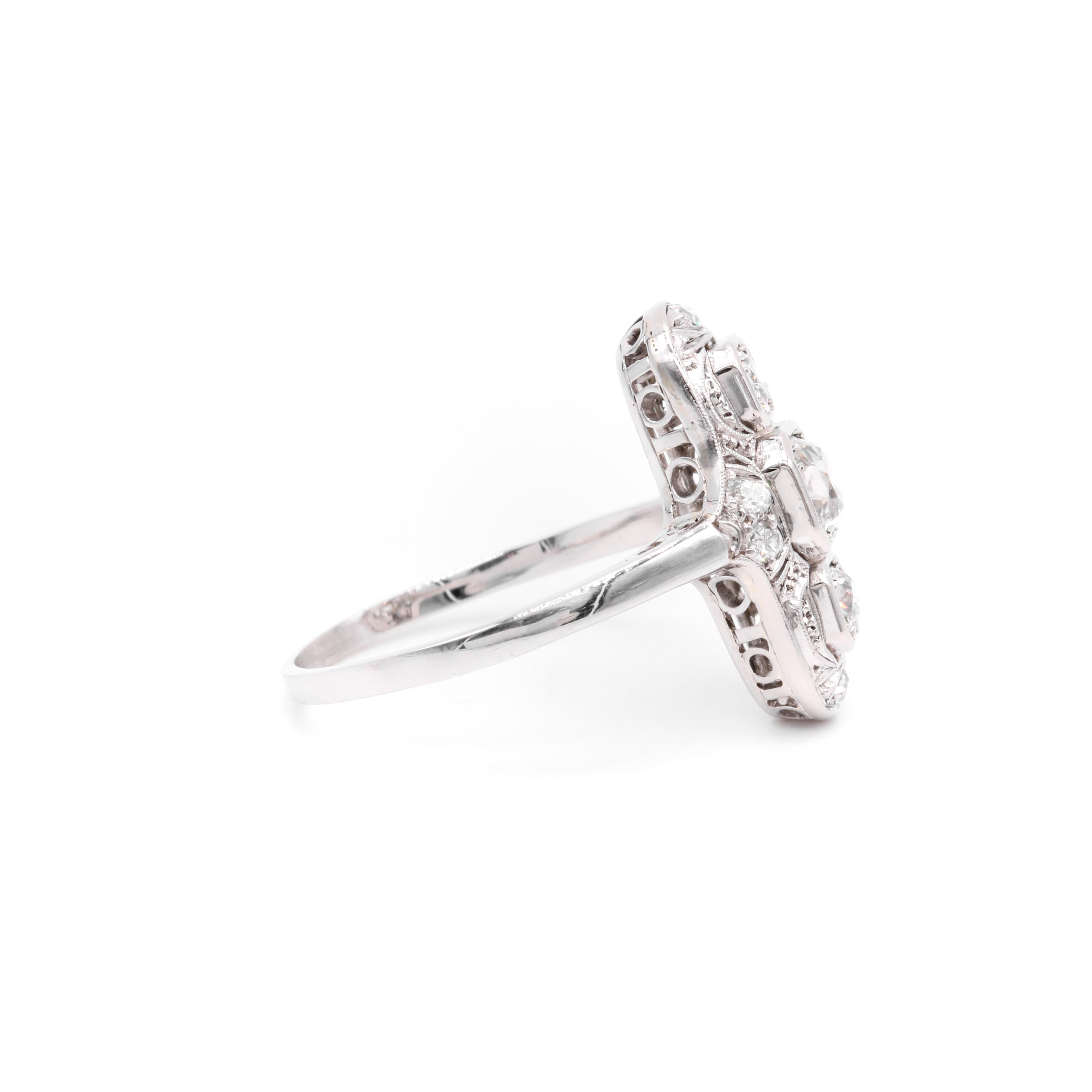 Art Deco Platinum and 14K White Gold 0.85ctw Old Cut Diamond Trilogy Panel Ring For Sale 1
