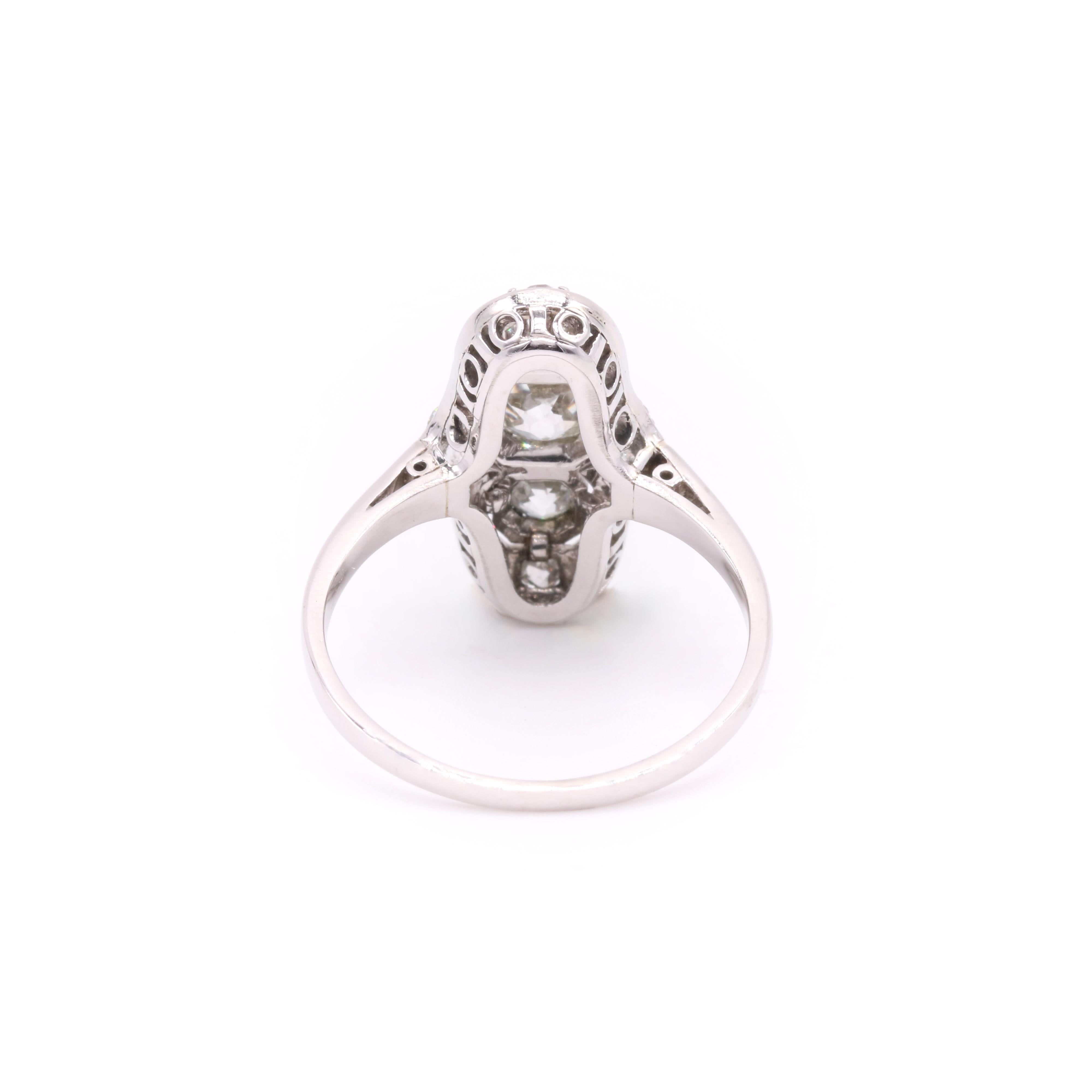 Art Deco Platinum and 14K White Gold 0.85ctw Old Cut Diamond Trilogy Panel Ring For Sale 2