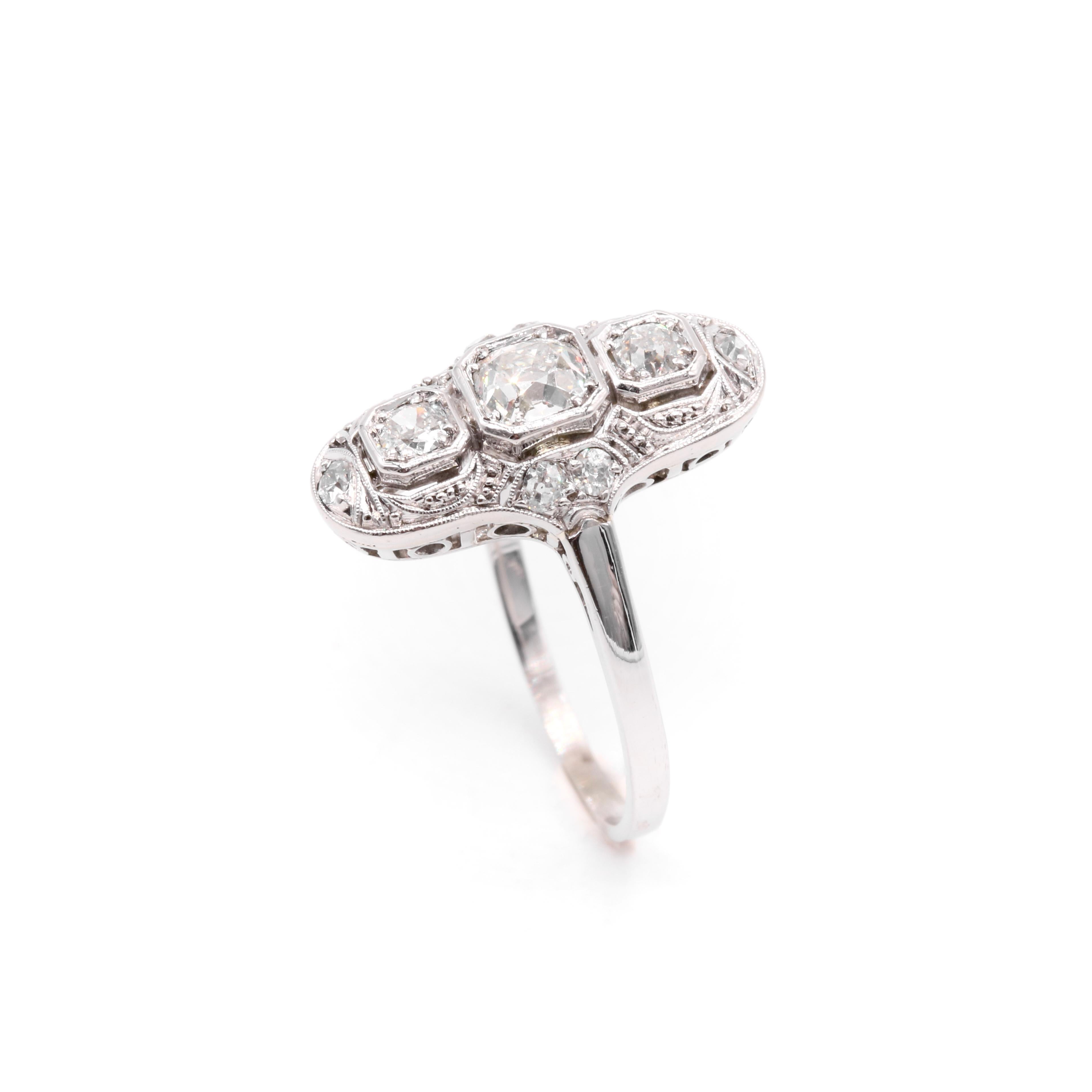 Art Deco Platinum and 14K White Gold 0.85ctw Old Cut Diamond Trilogy Panel Ring For Sale 3