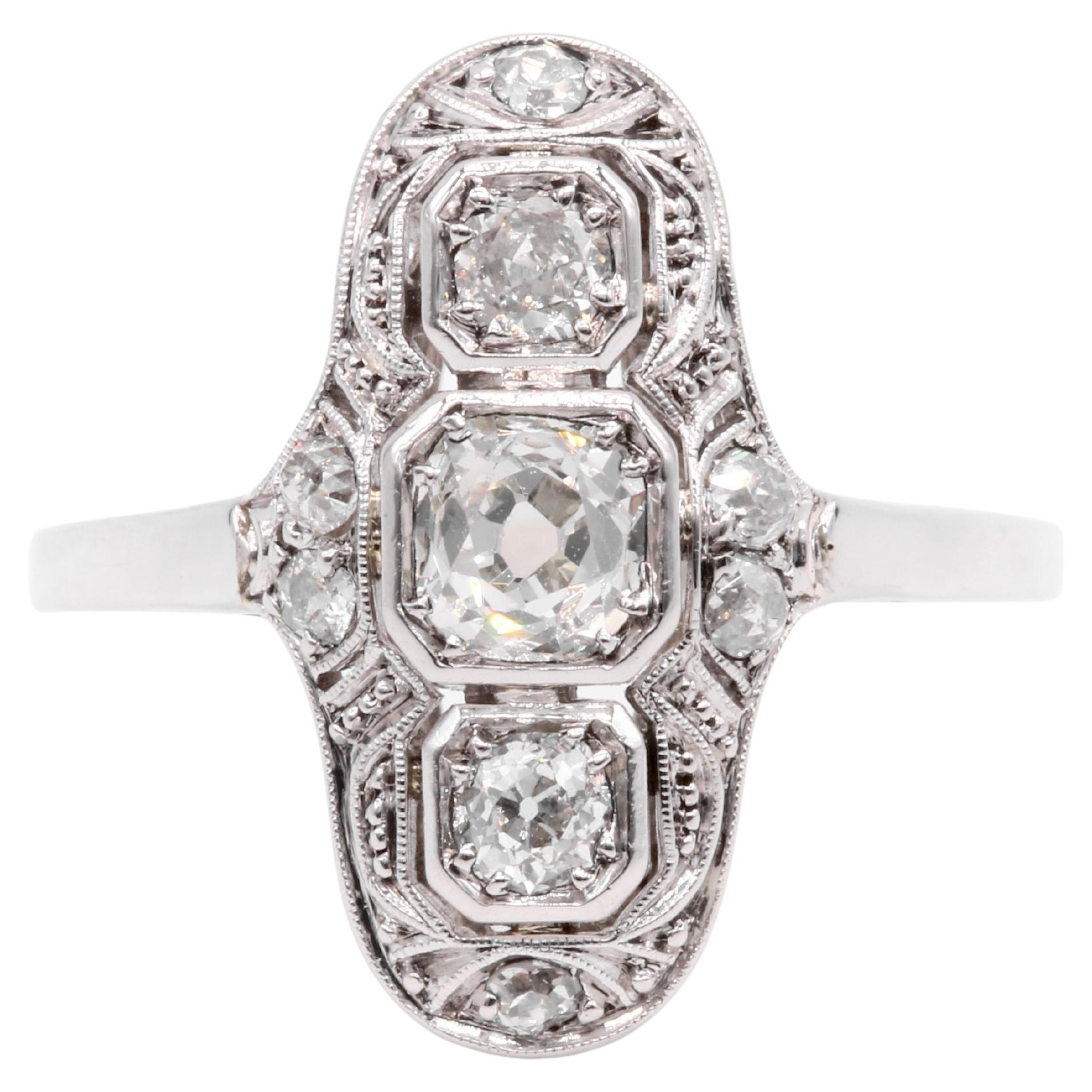 Art Deco Platinum and 14K White Gold 0.85ctw Old Cut Diamond Trilogy Panel Ring