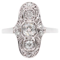 Anillo Trilogía Panel Art Decó Platino y Oro Blanco 14K 0,85ctw Diamante talla antigua