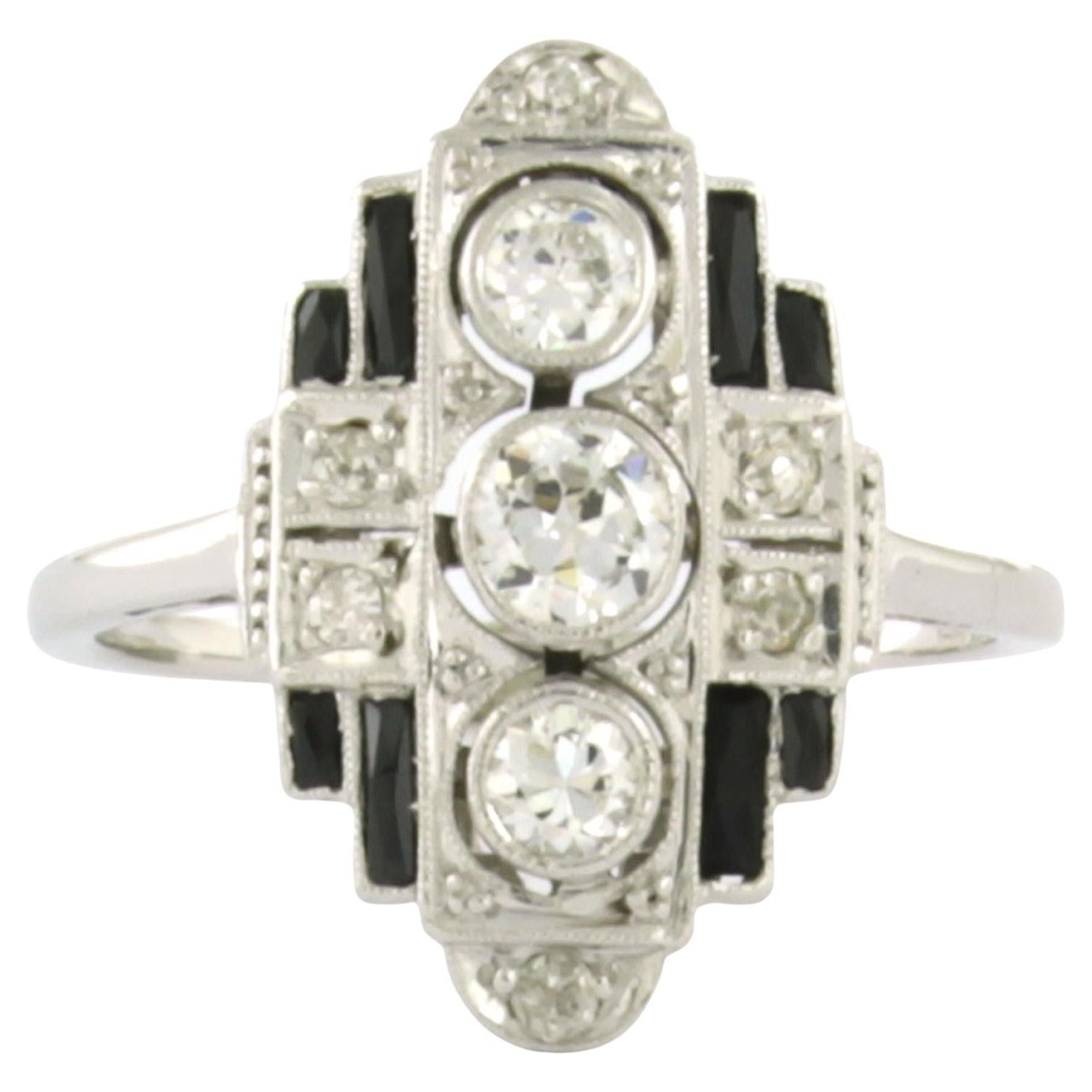 ART DECO Anello in platino e oro bianco 14k con onice e diamanti taglio vecchia miniera
