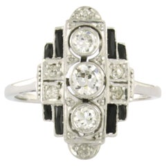 ART DECO Anello in platino e oro bianco 14k con onice e diamanti taglio vecchia miniera